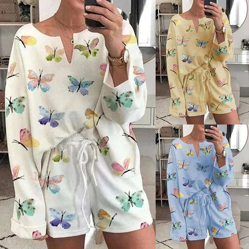 

Casual Tracksuit Women Hoome Wear 2 Pieces Set Long Sleeve Top Lace Up Shorts 2020 Butterfly Printed Sweatpants Shorts Outfits