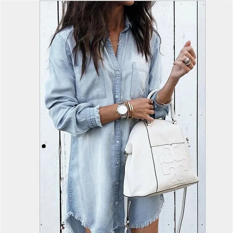 

Women Long Sleeve Casual Vintage Solid Blue Denim T-Shirts 2021 New Fashion Jean Ladies Tops Female Tassel Ripped Streetwear Tee