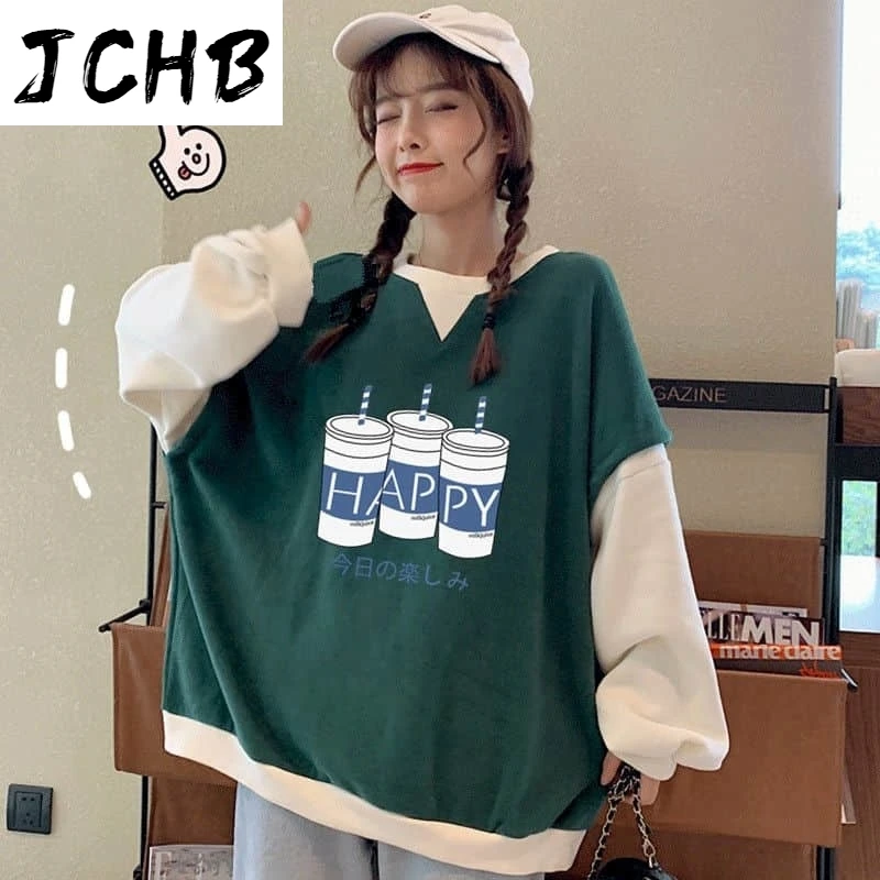 

2021 Autumn Hoodies Women Sweatshirt Long-sleeved Student Korean Loose Fake Two-piece Plus Velvet Thick Top Coat Hoddies for Tee