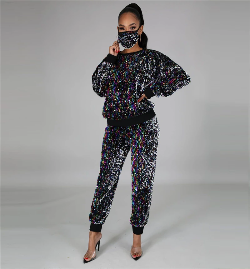 

Adogirl 2020 Autumn Winter Women Sequins 3 Piece Set Face Cover + Long Sleeve Sweatshirts + Pants Fashion Tracksuit Outfits