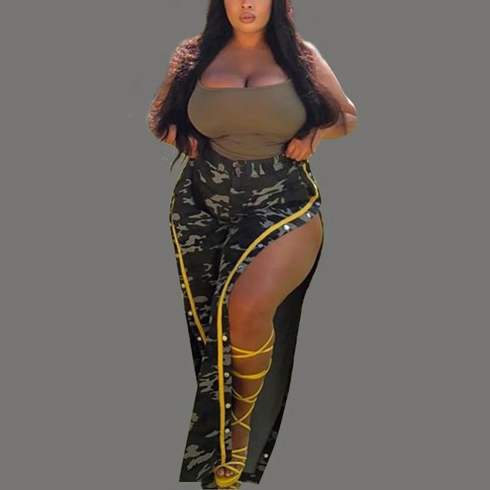 

Sexy Camouflage Print Flare Pants Side Split Bodycon High Waist Big Size for Black Women Evening Night Club Long Trousers Hot