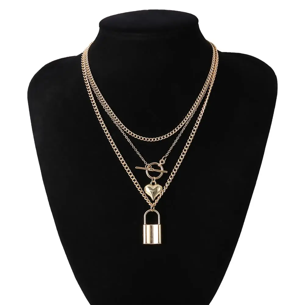 

IngeSight.Z 2Pcs/Set Multi Layered Love Heart Padlock Pendant Necklace Statement Lasso Lock Choker Necklaces for Women Jewelry