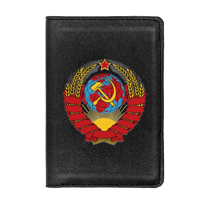 

Black Classic Soviet Sickle Hammer Leather Passport Cover Men Women Slim ID Card Travel Holder Wallet Document Organizer Case