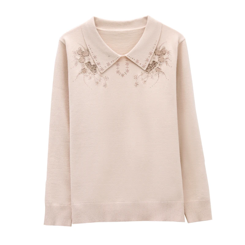 Женский шерстяной вязаный свитер с вышивкой отворотом | Женская одежда
