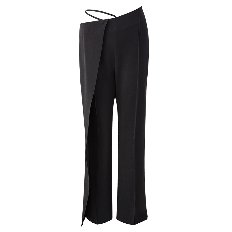 

[DEAT] Black Slim Irregular High Waist Trousers Strap Drop Feeling Floor Pulling Split Straight Pants 2021 Spring Summer GX1214