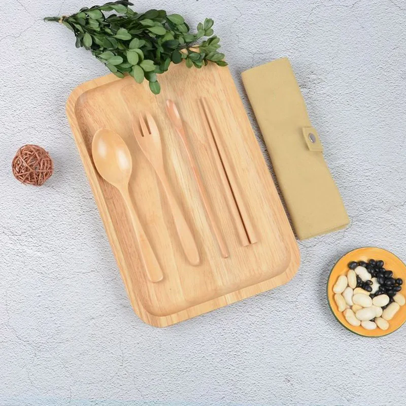 Набор столовых приборов портативный ручной работы деревянный мешок ткани Naturals