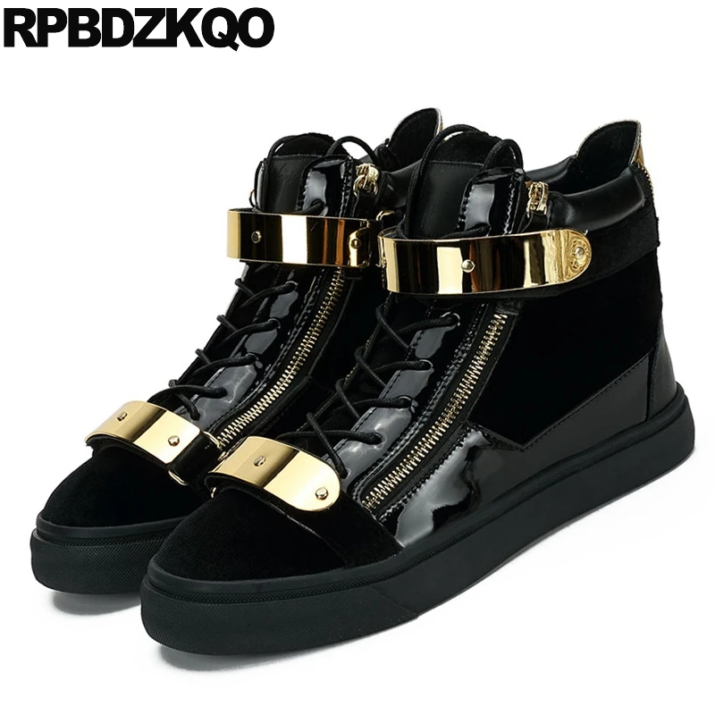 Панк кроссовки мужские черные ботинки из лакированной кожи на молнии обувь для