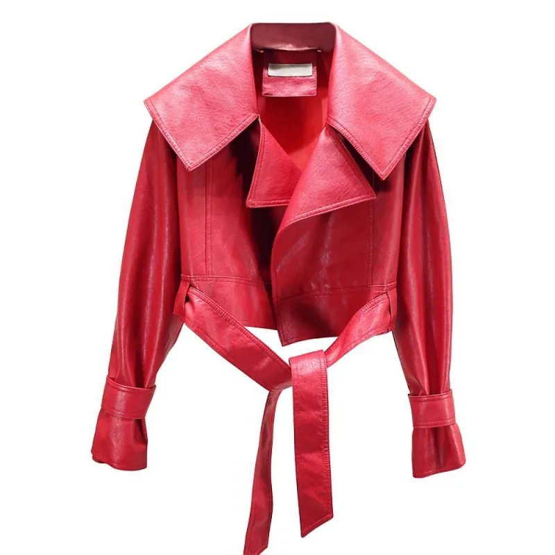 

ZCWXM Autumn Womens Leather Jackets And Coats Flare Sleeve Lapel Belt Lace-up Motorcycle Punk Red Black Overcoat Female Outwear