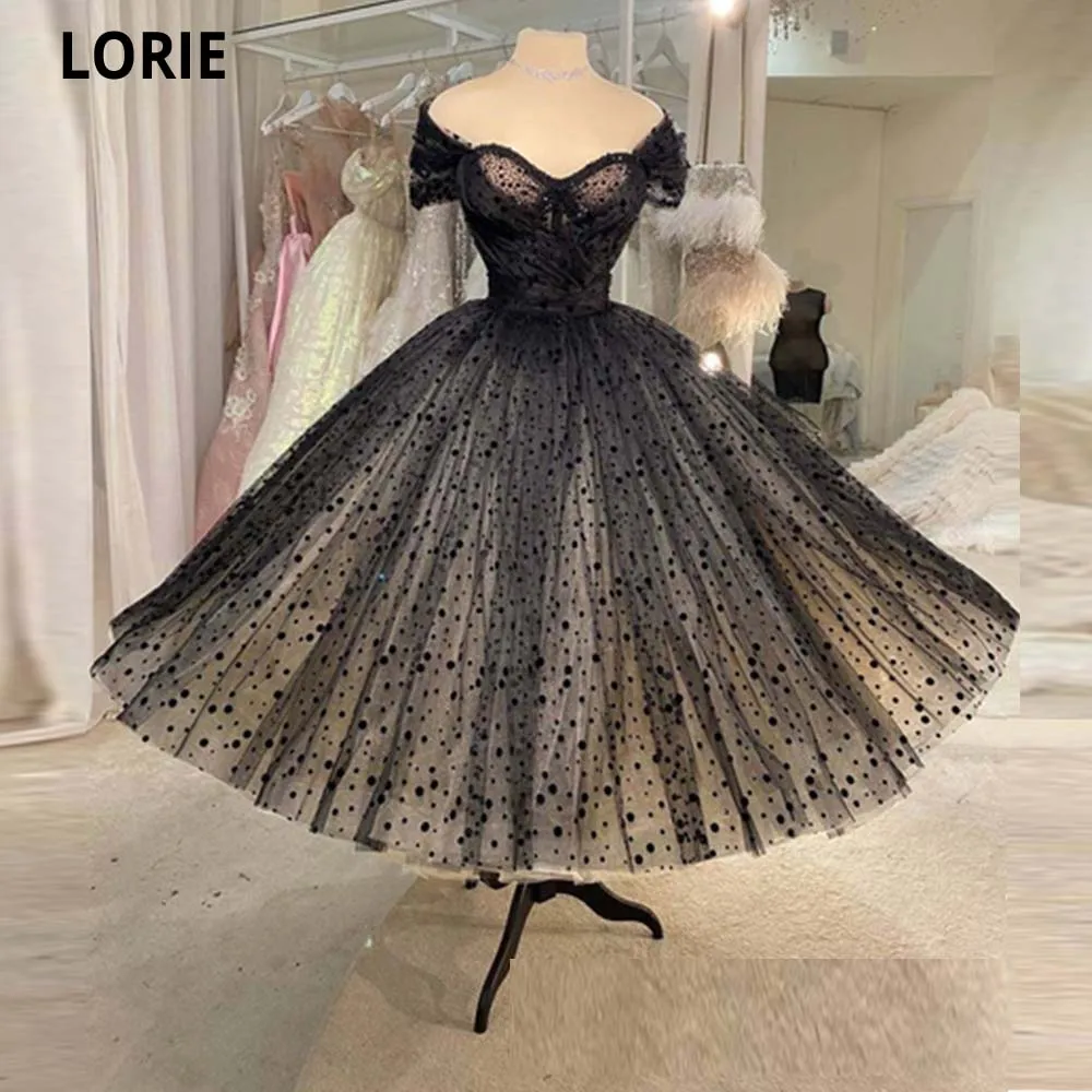 

LORIE 2021 Vintage Black Polka Dotted Tulle Short Prom Dresses Cap Sleeves Beads Fluffy Skirt Ankle Length Formal Party Gowns