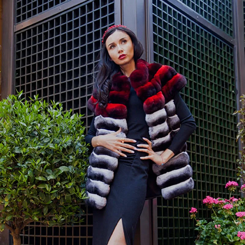 90cm Long Real Rex Rabbit Fur Coat Stand Collar Whole Skin Natural Rabbit Fur Jackets Chinchilla Color Winter Woman Overcoats