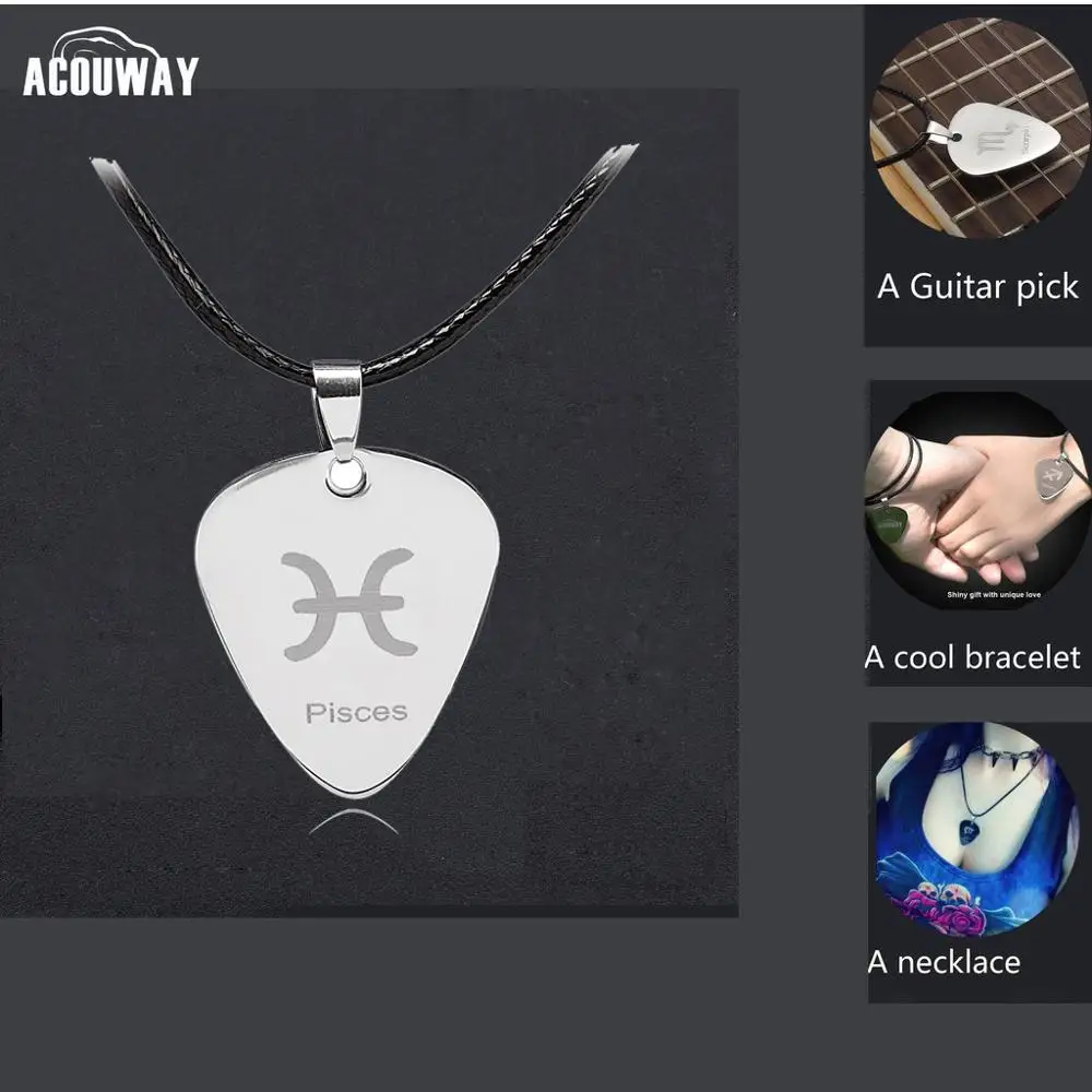 

Acouwy Guitar Pick necklace Stainless Steel with black leather chain /pisces constellation zodiac necklace gift Guitar Parts