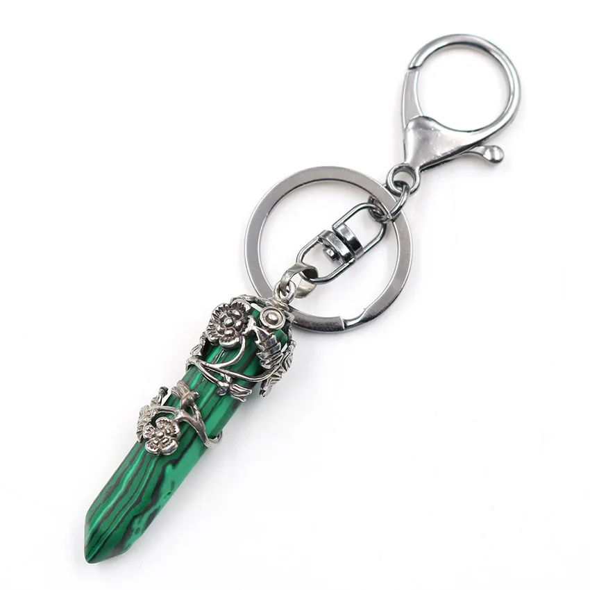 

FYSL Silver Plated Circle Leaf Flower Wrap Hexagon Column Key Chain Many Colors Quartz Stone Trendy Jewelry