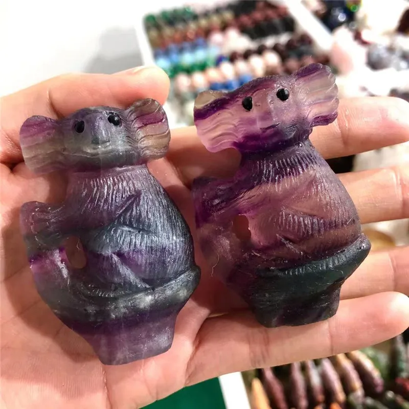 

Natural Rainbow Fluorite Koala Figurine Hand Carved Quartz Animals Statue Healing Crystal Stone Halloween Home Decoration