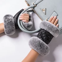 women winter warmer wrist gloves genuine leather rex rabbit fur fingerless driving gloves plaid sheepskin mittens womens gloves