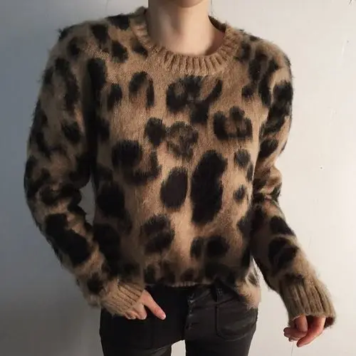Женский Зимний вязаный свитер с леопардовой раскраской пуловеры круглым вырезом