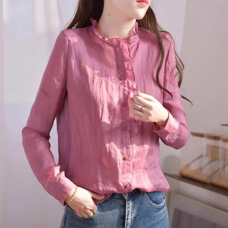 

100% Cotton Women Shirts New 2020 Autumn Korean Style Solid Color Stand Collar Long Sleeve Female Casual Tops Plus Size P1364