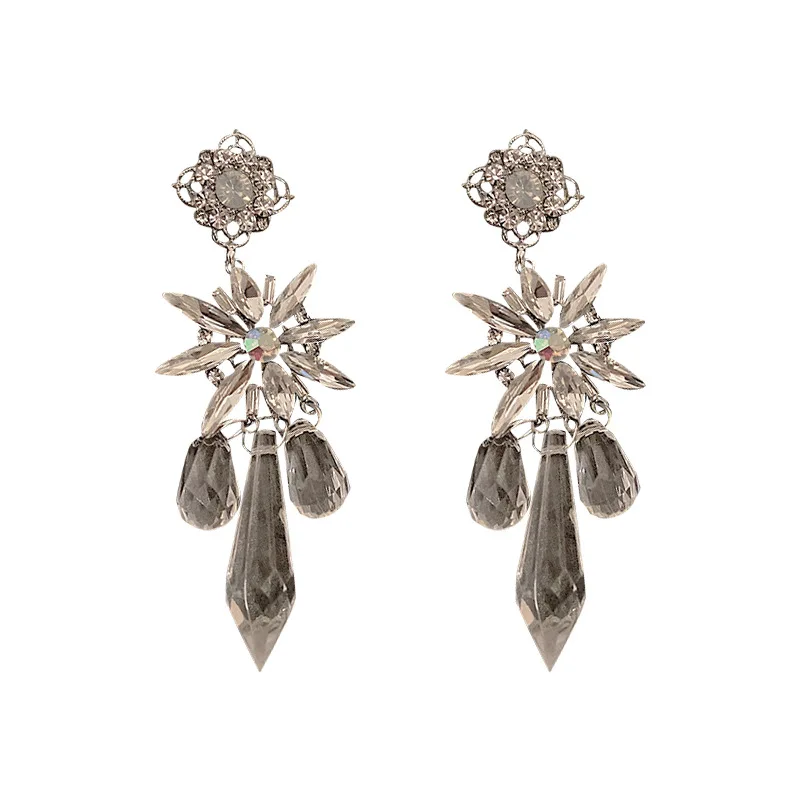 

925 Silver Needle Artificial Crystal Long Flower Earrings