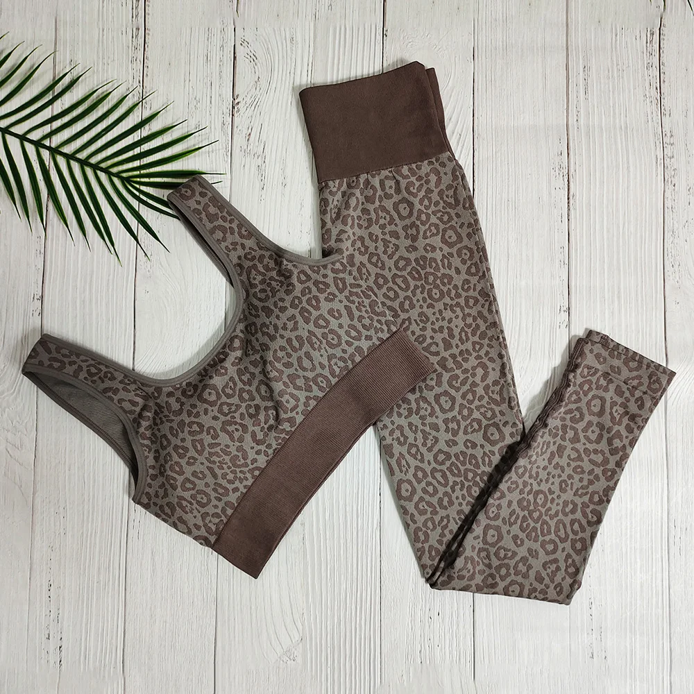 Леопардовый принт комплекты для йоги женская одежда фитнеса бесшовный