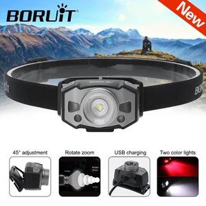 Налобный фонарь BORUIT B33, светодиодный зуммируемый, с датчиком волны, USB, белый, красный свет, для кемпинга, походов