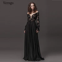 verngo black lace long sleeves evening dresses 2020 sheer neck off shoulder chiffon prom gowns plus size buttons back modest