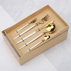 Набор золотистых столовых приборов из нержавеющей стали, наборы столовых приборов, ложки, ножи, вилки, столовая посуда в подарочной коробке