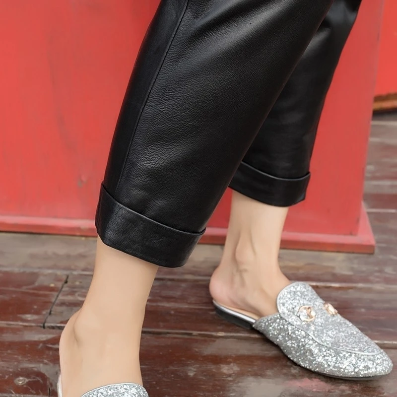 

2020 New Casual Sheepskin Harem Pants Women Genuine Leather Streetwear Luxury Real Leather Trousers Lady Harajuku Slim Fit Pants