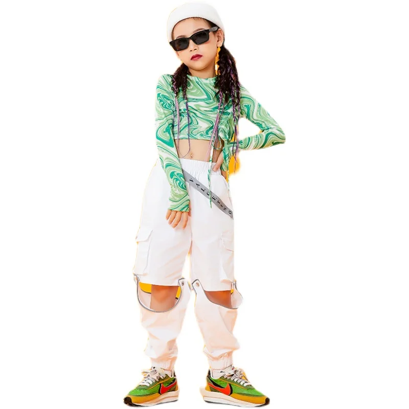 

2021 Jazz Dance Costumes Long Sleeved Tops Loose Pants Suit Girls Hip Hop Dance Rave Clothes Children Street Dance Wear 120-170