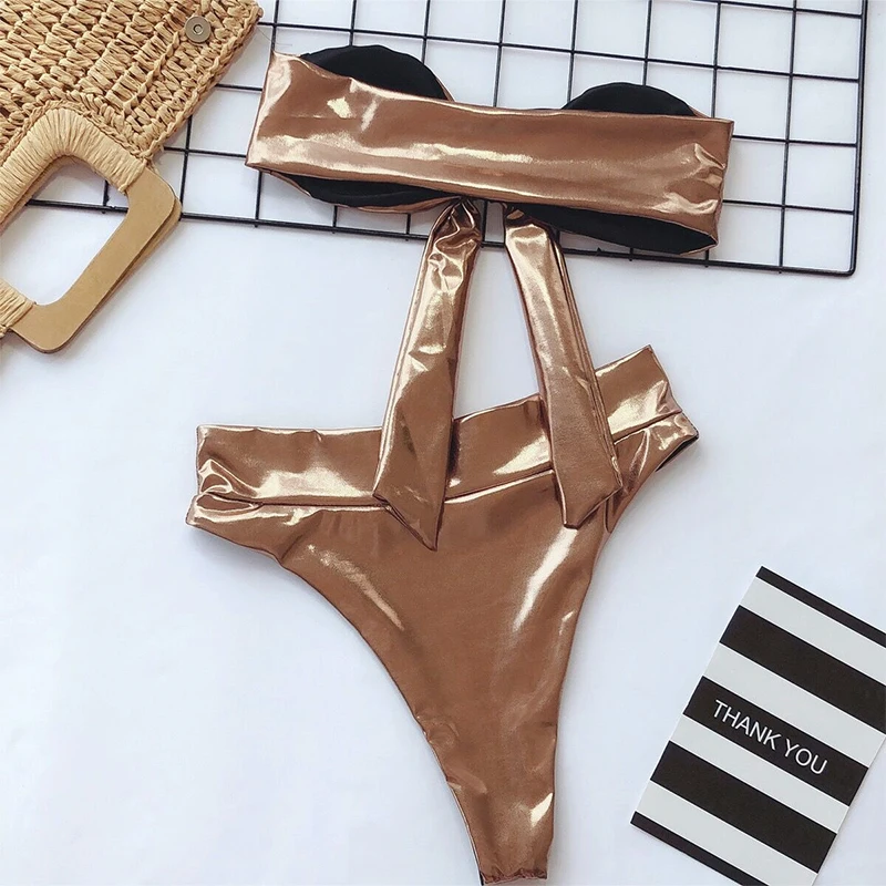 

2021 Sexy Hot Stamping Bikini Swimwear Women Swimsuit Off Shoulder Bandeau Push Up Set High Waist Bathing Suit Beachwear