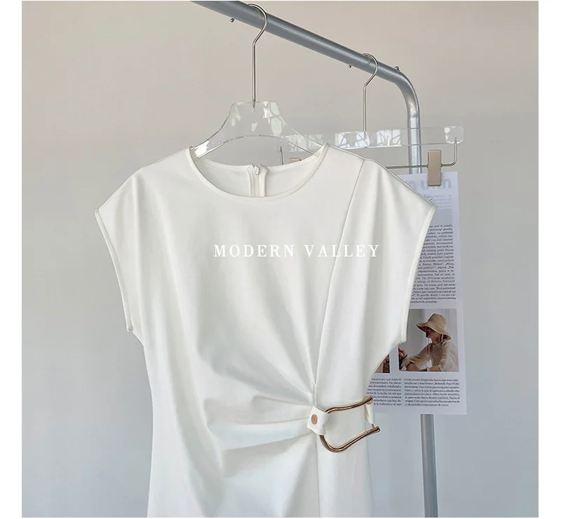 

2021 Summer Ladies New White Irregular Cinched Slimming Mid-length Dress Women's Fashion Elegant Slightly Mature A-line Dress