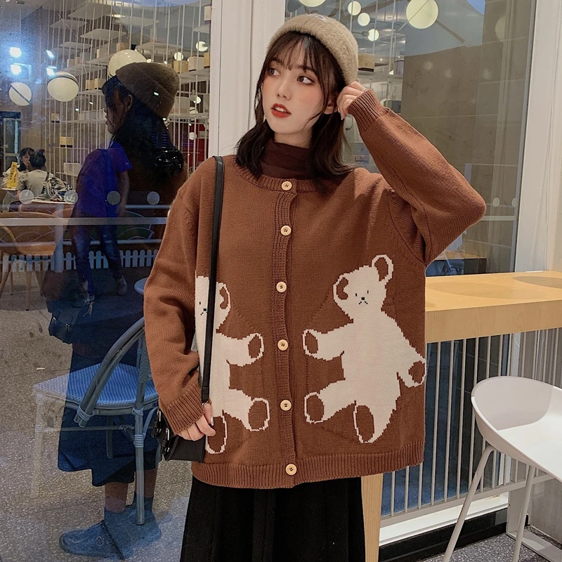 Модный винтажный Женский Осенний вязаный кардиган пальто коричневого цвета