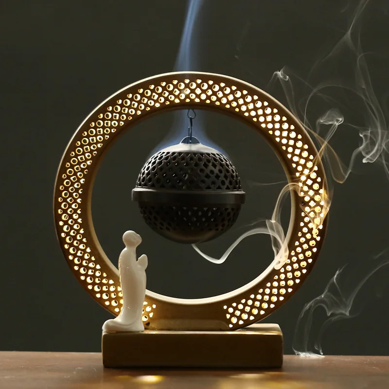 

Small Backflow Ceramic Incense Burner Holder Smoke Fountain Incense Burner Led Light Zen Garden Encensoir Home Decoration YD50XL