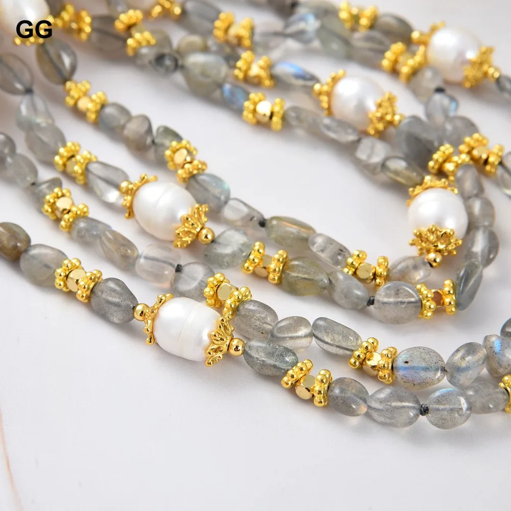 

GG Jewelry Natural 4 Strands Labradorite Cultured White Rice Pearl Necklace 19.5" Bracelet Sets For Lady