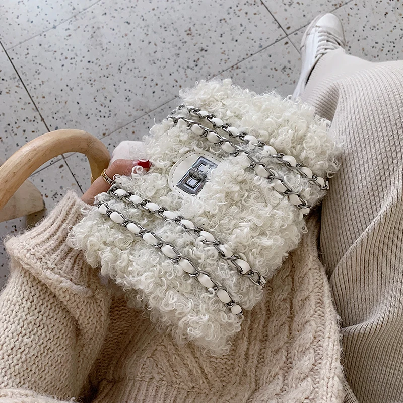 

Fashion Winter ladies Lock shoulder bags luxury handbags women bags designer Lamb hair Flap Crossbody bag Chain Messenger bag