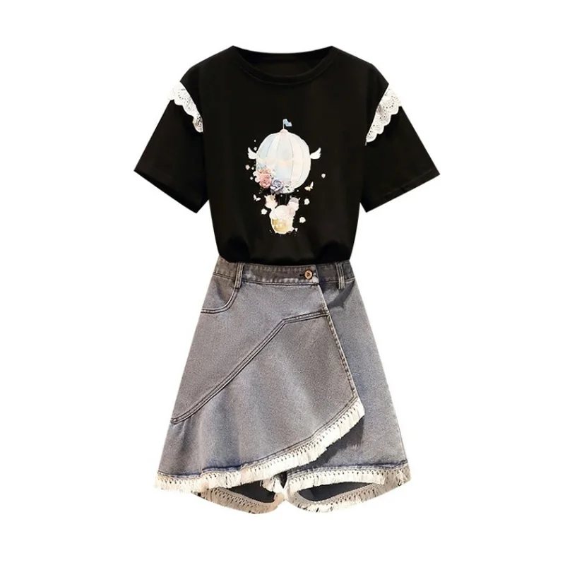 

Summer Suits Two Piece Set Cotton Lace T Shirt Tops And Denim Shorts Large Plus Size Metching Set Outfit Slim Women's Tracksuit