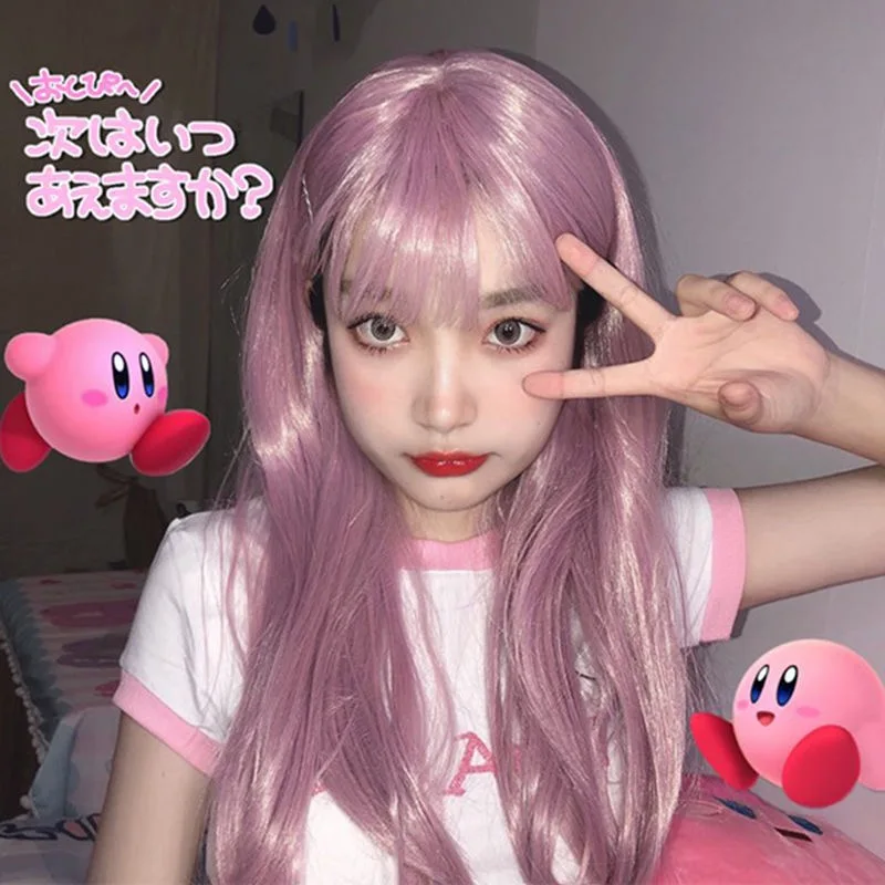 

Wig women's medium and long straight hair invisible full head set net red Lolita Lolita realistic light pink social hair