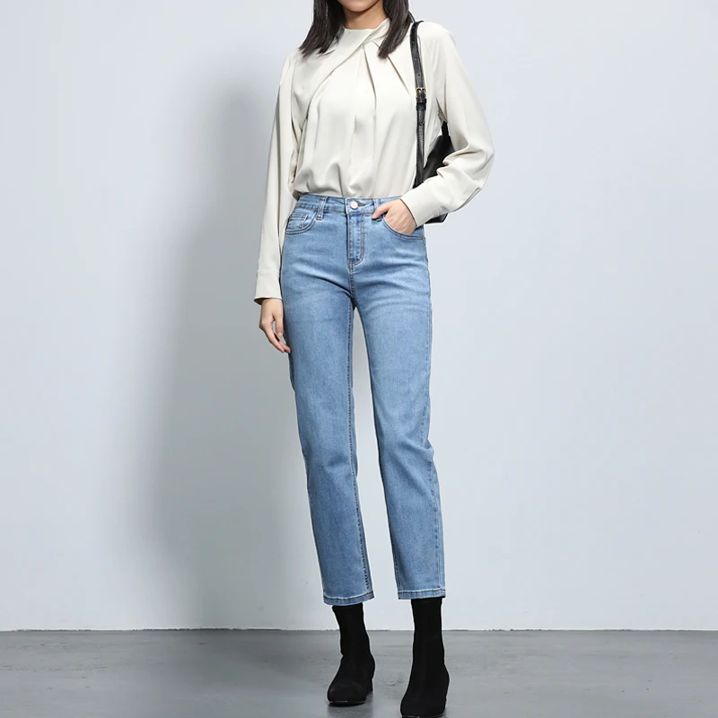 

Бледно-голубые прямые джинсы с высокой талией для женщин на весну-лето, шикарные элегантные уличные джинсовые брюки для женщин