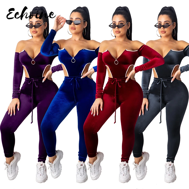 Женский Бархатный спортивный костюм с открытыми плечами и брюками карандаш| |