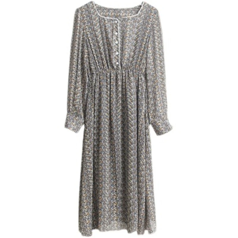 

2021 New Spring Summer Floral Dress Women French Elegant Square Collar Chiffon Dress Female Elastic Waist Big Hem A-line Dress