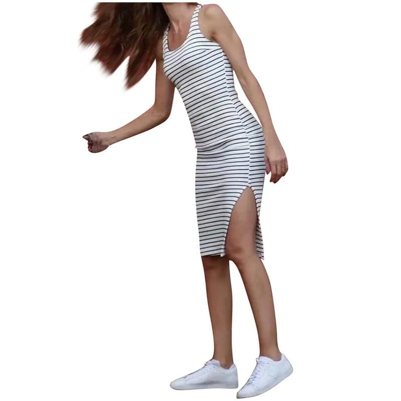 

Женское мини-платье в полоску, повседневное летнее платье с круглым вырезом и разрезом, без рукавов, 2021