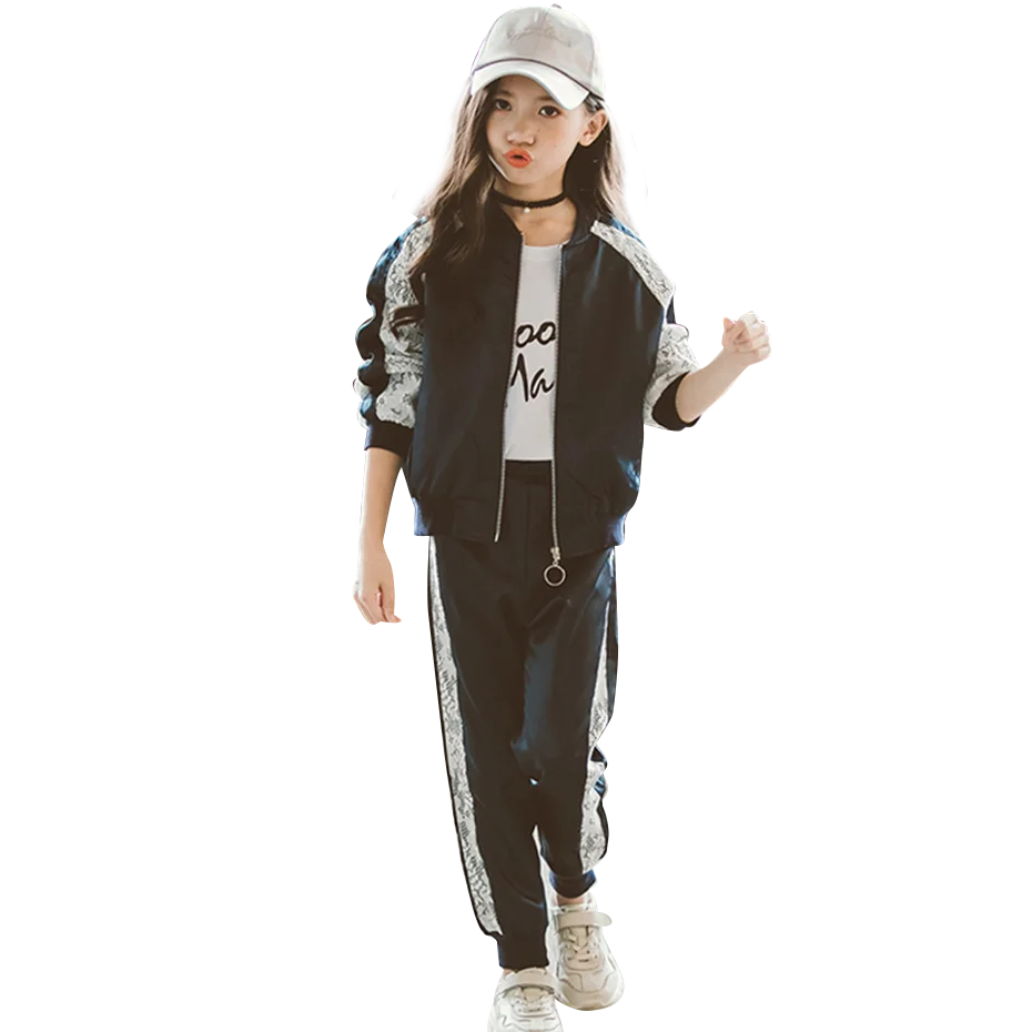 Спортивная одежда для девочек кружевная в полоску куртка + штаны детская