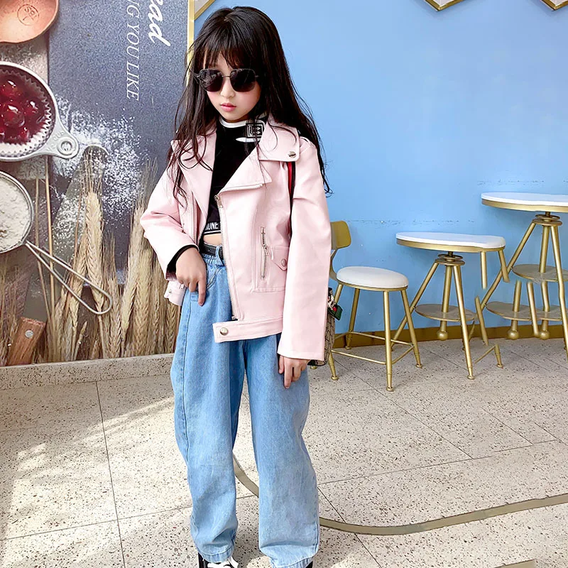 

Детские кожаные куртки для девочек, белые кожаные куртки на весну 2020, пальто и верхняя одежда для девочек, детские мотоциклетные куртки, пал...