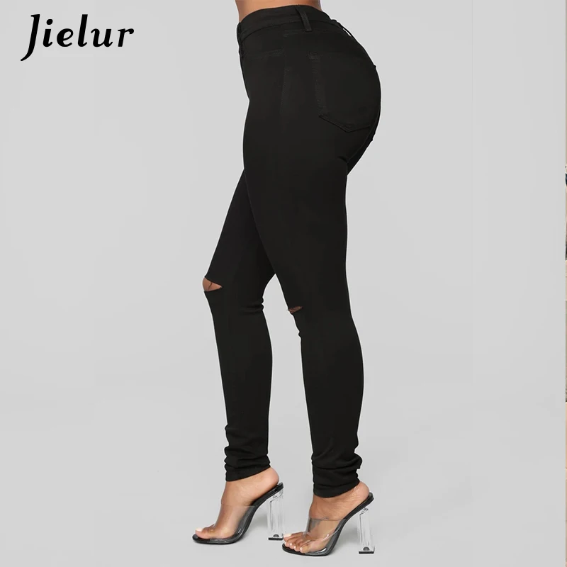 

Jielur Hole Jeans Women European American Slim Jeans High Waist Denim Cotton Pencil Pants Fashion Vintage Chic Trousers Vestidos