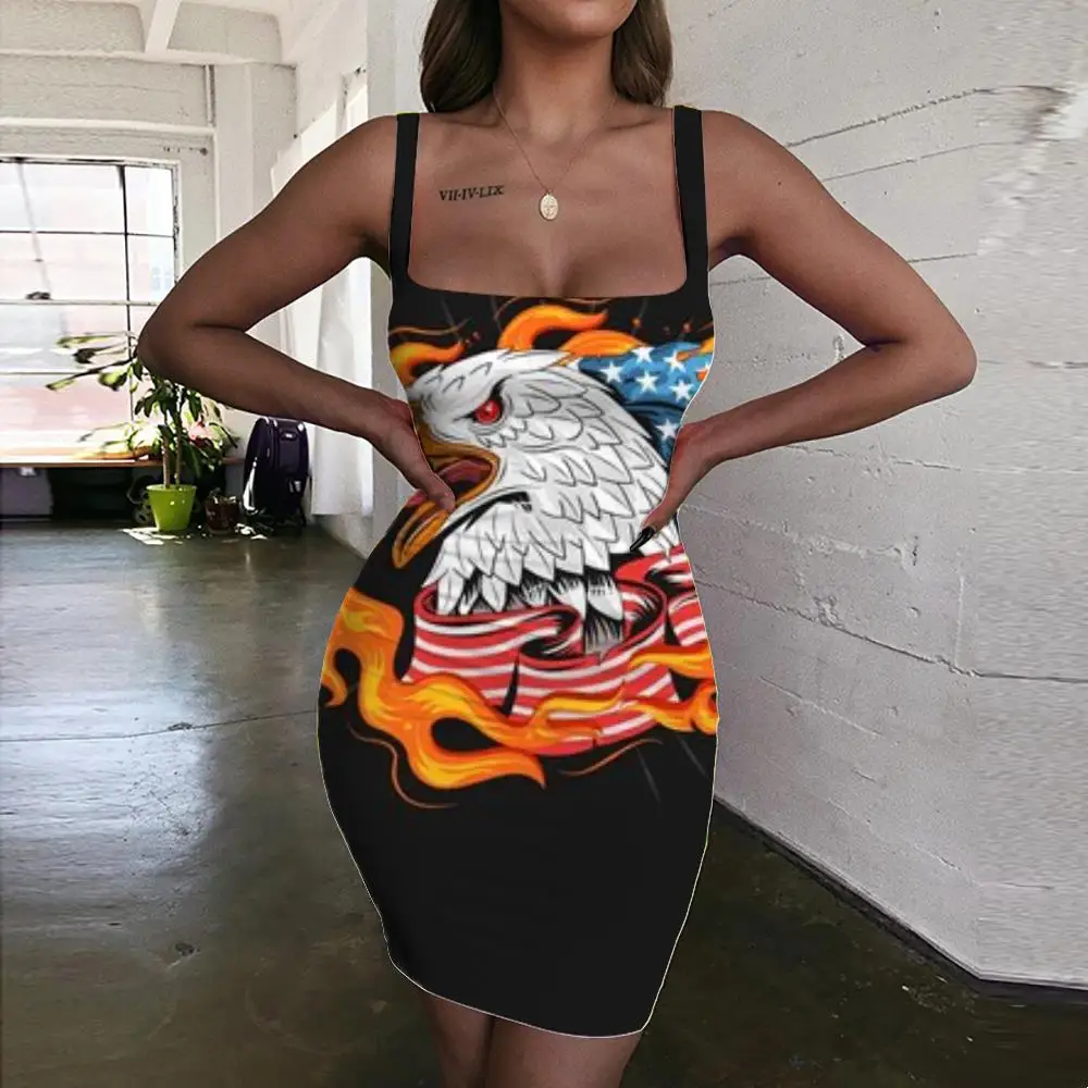 

KYKU Brand Eagle Dress Women Flame Bodycon Dress Usa Vestido Sexy Black 3d Print Womens Clothing Plus Size Vintage Korean Style