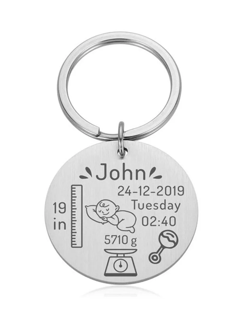 

Custom Newborn Baby Memorial Round Charm Key Stainless Steel Key Ring Stand Key Chain Pendant