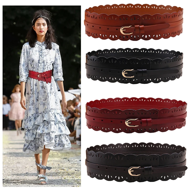 

Western Cow Leather Hollow Out Women Cummerbund Fashion Dress Sweater Thicken Coat Women Wide Belt