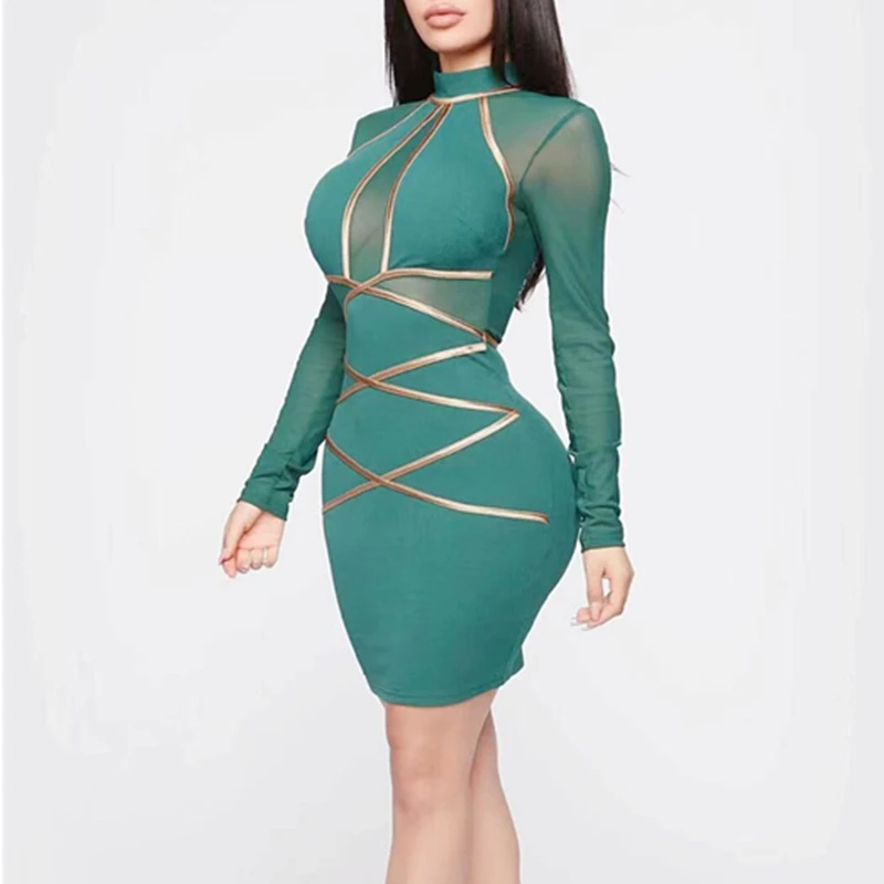 

Sexy Clubwear Women Bandage Bodycon Mesh Stitching See-through Long Sleeve Dress Vestidos