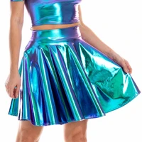 summer sexy laser high waist mini pu leather skirt club party dance shiny holographic skirts harajuku jk metallic pleated skirts