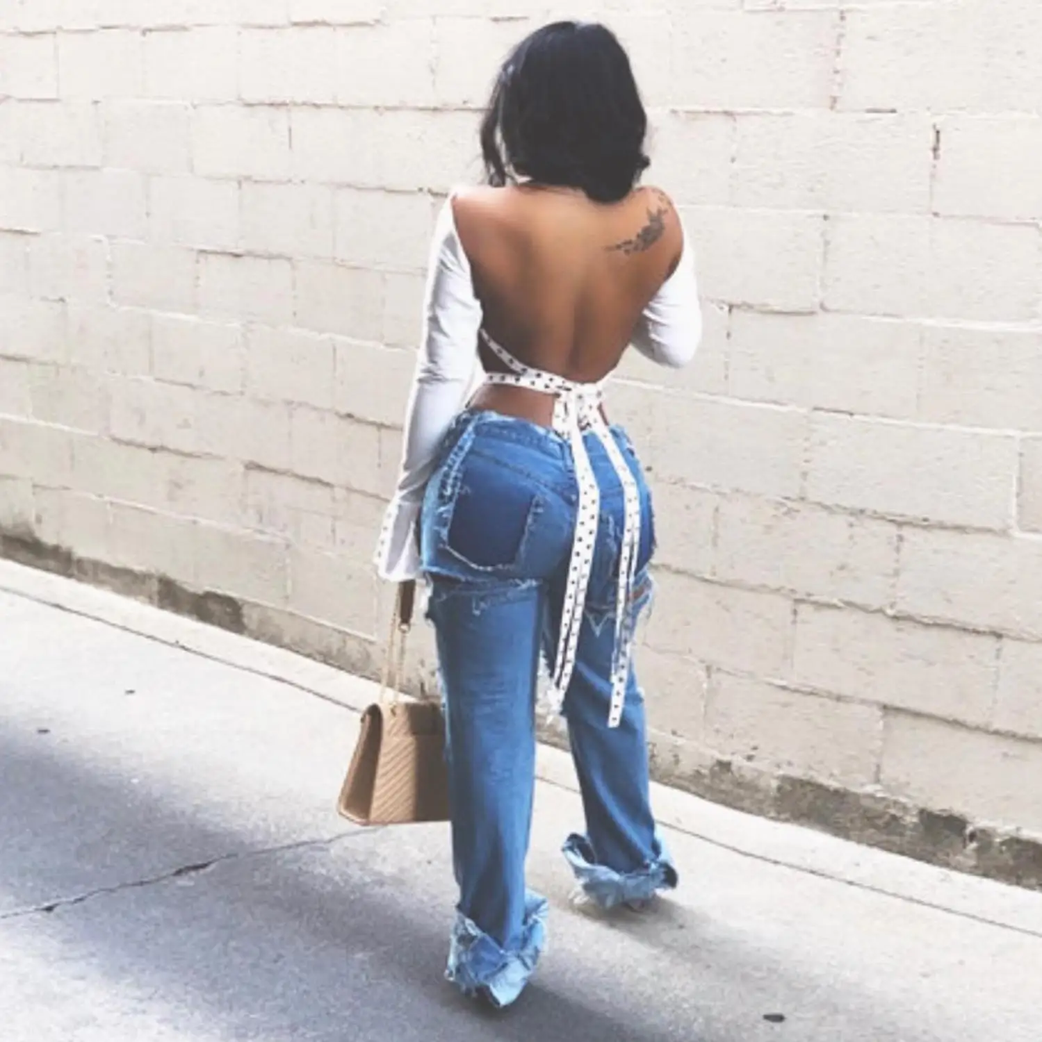 Sexy Women Top Slim Open Back Bandage Flare Long Sleeve Slash Neck Solid Color Party Night Outfit For | Женская одежда