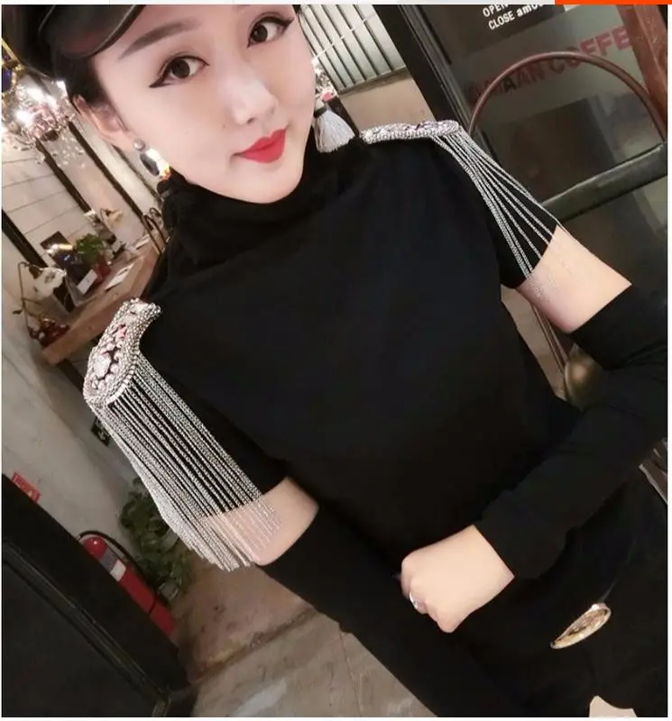 Женская Черная футболка с длинным рукавом и V образным вырезом|Футболки| |