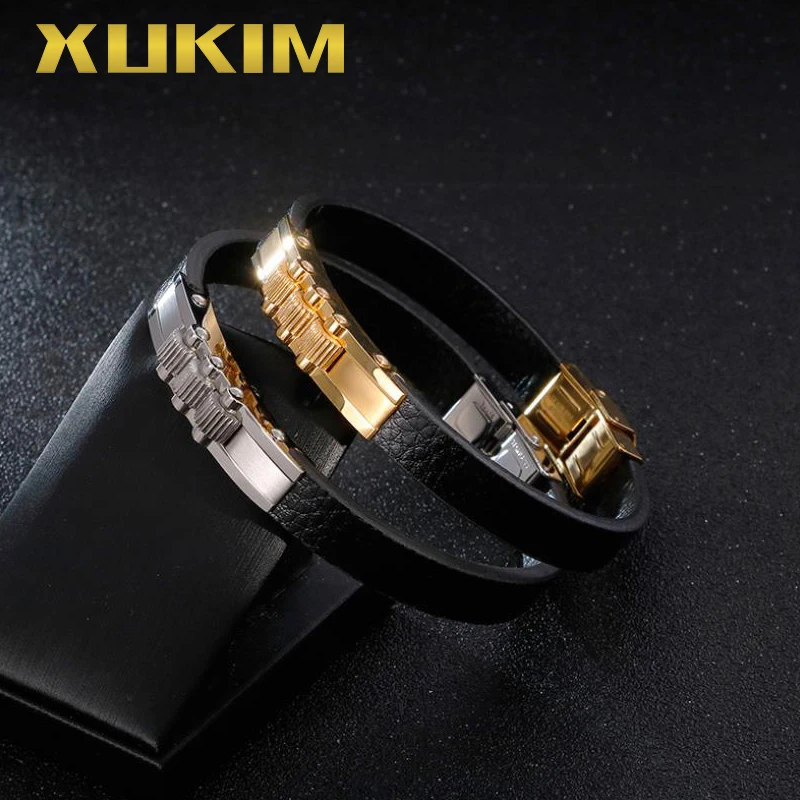 XB408-G Xukim ювелирные изделия Модные мужские ювелирные изделия черный кожаный браслет